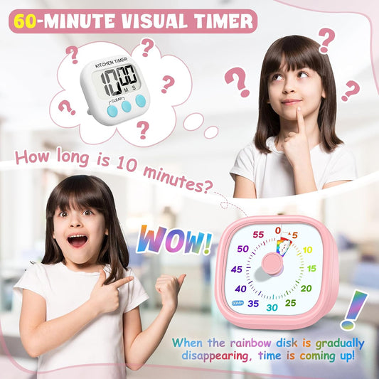 HIPPIH Visual Timer for Kids - 60 Minute Pomodoro Timers for Classroom Kitchen Office, Countdown Kids Timer Clock with Rainbow Disk, Desk Time Management Tool for Toddler with Silent Operation, Pink