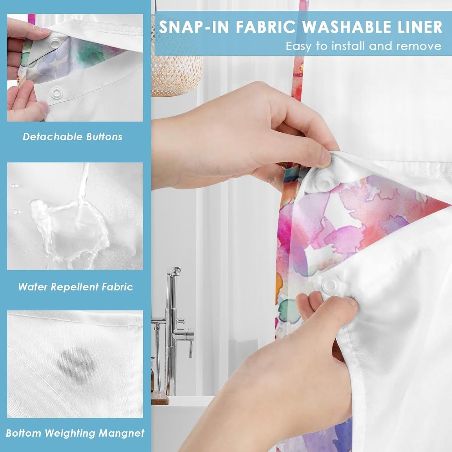 No Hook Pink Teal Blue Yellow Shower Curtain with Snap in Fabric Liner Set, Polka Dot Colorful Double Layers Waterproof Fabric with See Through Top Window Open Grommet Bath Curtain 71x74 Inch