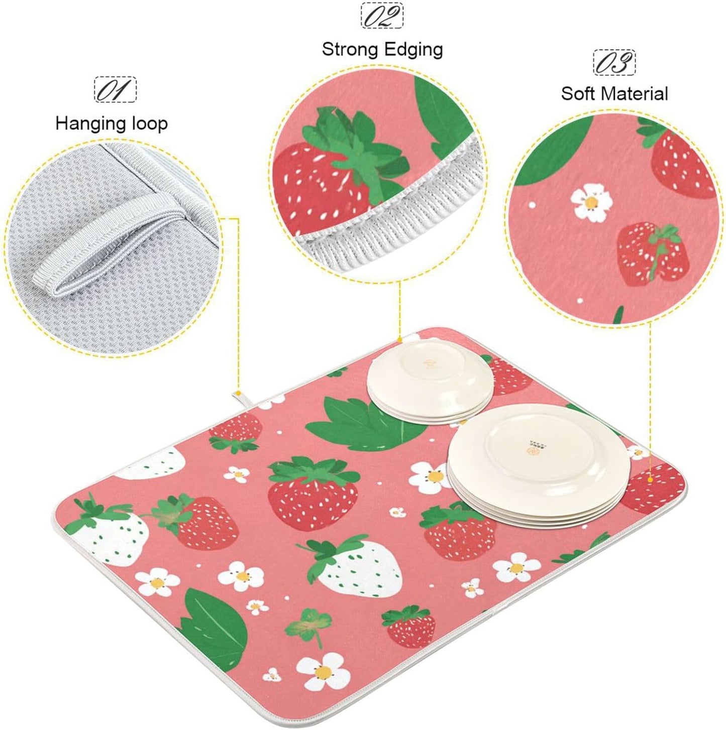 Dish Drying Mat 16x18 For Kitchen Counter Cute Strawberry Pink Green Absorbent Dishes Drainer Rack Mats Microfiber Reversible Dish Drying Pad Fast Dry Kitchen Accessories