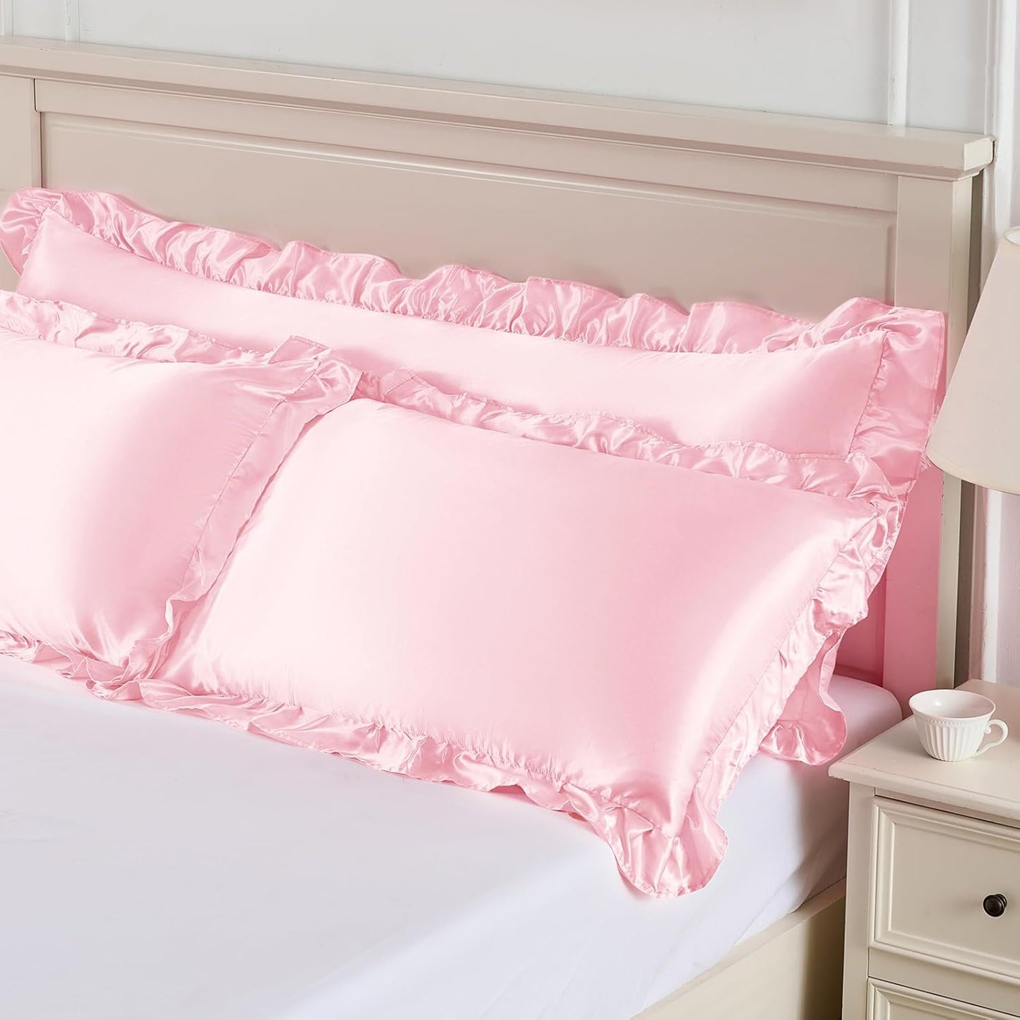 NSGZ Ruffled Satin Pillowcase Set of 2, Queen Size Silky Pillow Shams for Hair and Skin Care, Pink Satin Pillow Covers with Envelope Closure, Anti Wrinkle Pillow Cases for Princess Room Decor