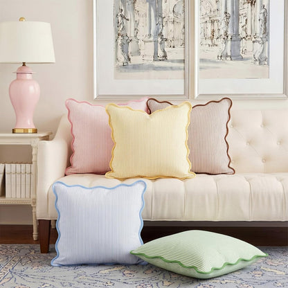 HunnmingRe 2 Pcs Scalloped Edge Striped Pillowcases Stripe Throw Pillow Cover Only Wear Resistant Pillow Shams for Couch Bed Sofa Bedroom Living Room Outdoor Party(Pink,18'' X 18'')