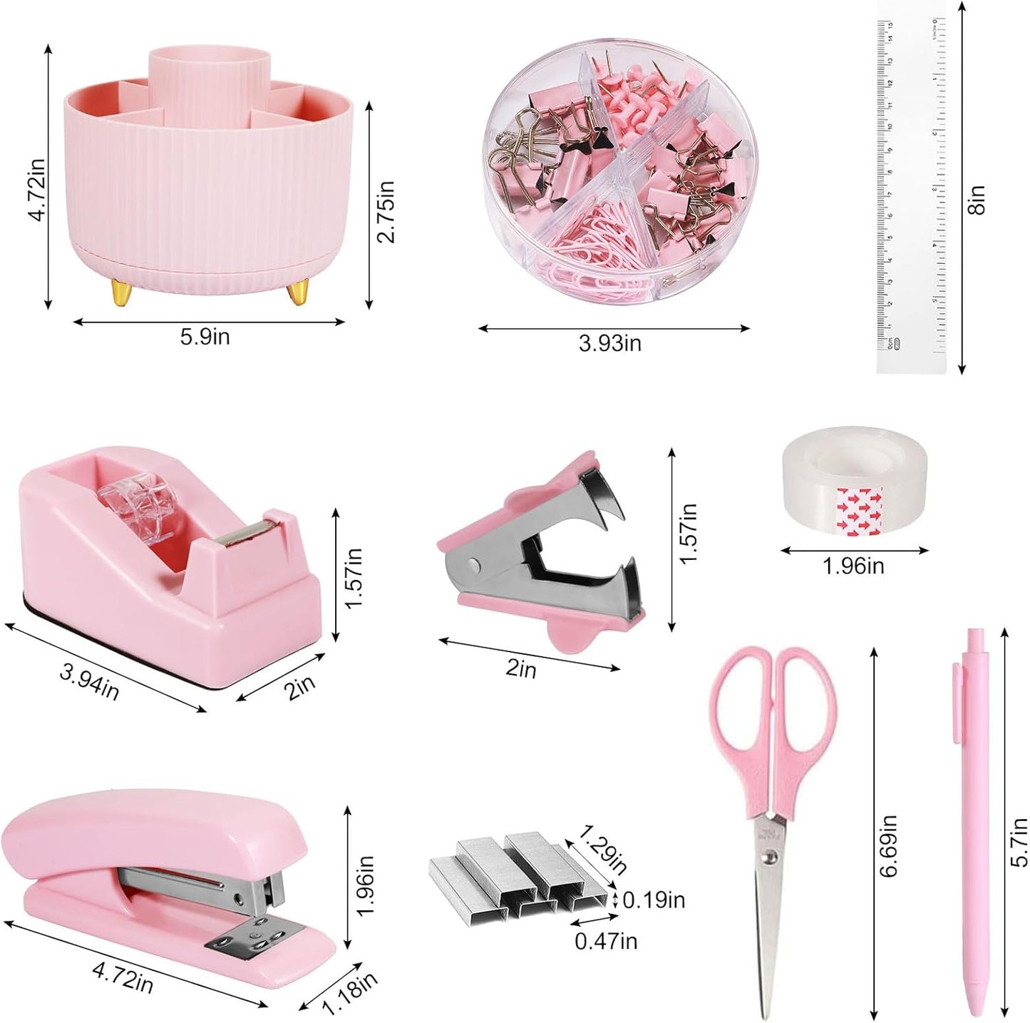 Gawsey Desk Organizers and Accessories Set with 360-Degree Rotating Pen Holder, Tape Dispenser, Stapler, Staple Remover, 1000 Staples, Tape, Clips Set, Ruler, Scissor, Pen (Pink-A)