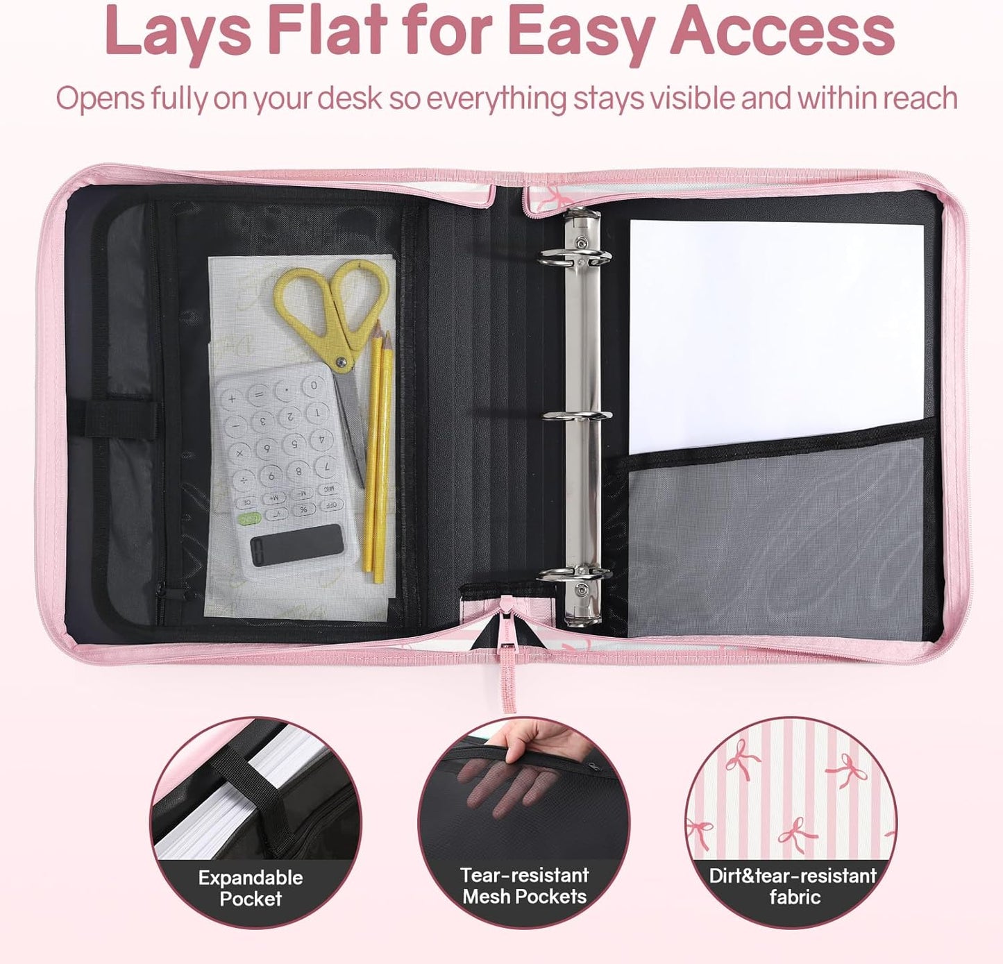 SUNEE Zippered Binder Bag with Handle, 2-Inch 3-Ring O-Ring, 500-Sheet Capacity, Includes Zip Pocket, 5-Tab Expanding File Folder, Multi-Pocket Organizer Binder for Middle School, Pink Bow