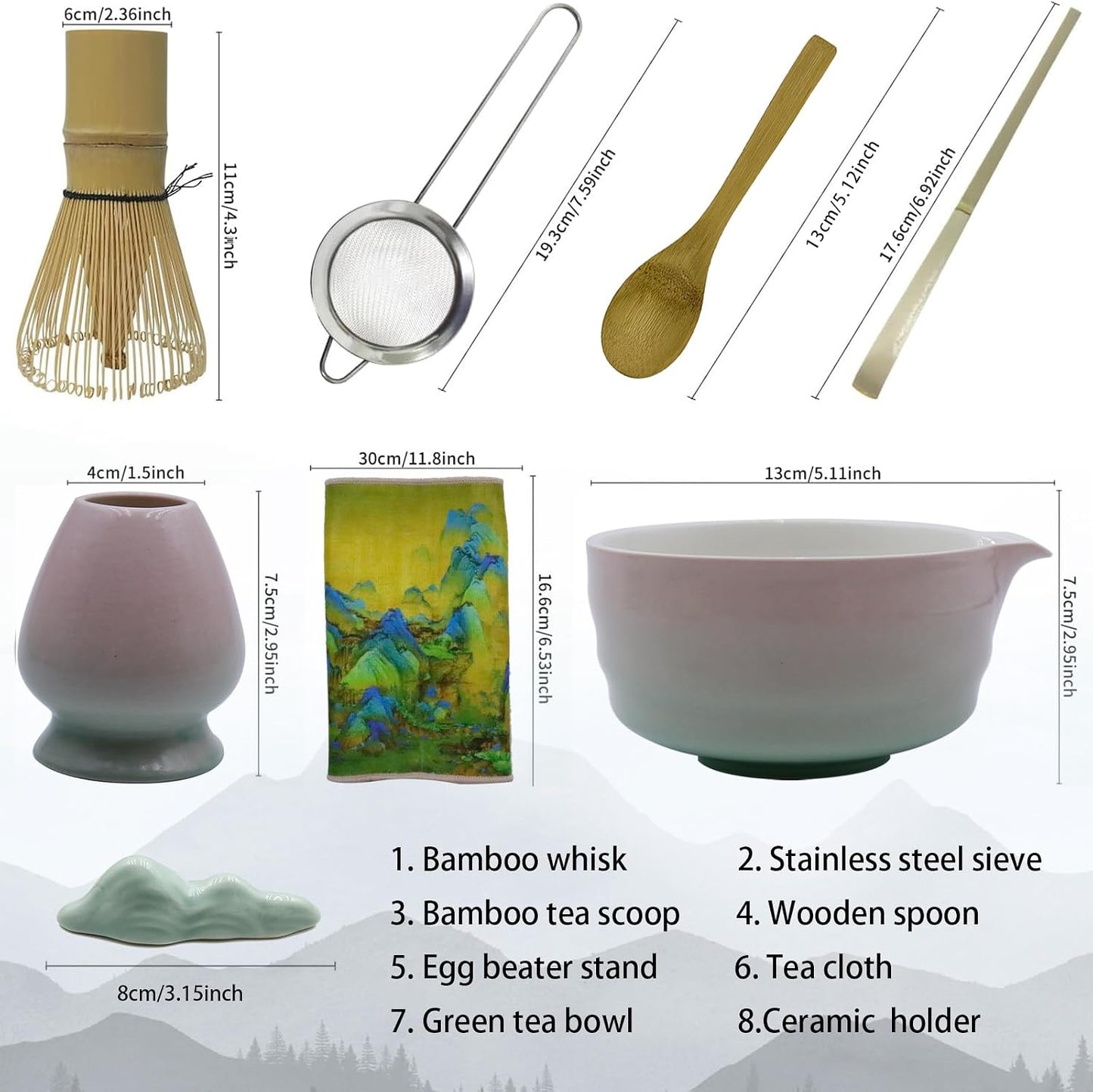 8 Pcs Gradient Pink Matcha Kit - Matcha Whisk Set and Bowl, Matcha Making Kit Whisk, Bowl With Spout, Powder Starter Sifter, Ceramic Whisk Holder, Spoon Japanese Tea Tools For Ceremony Gift
