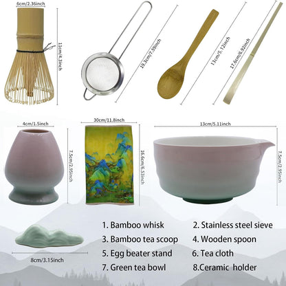8 Pcs Gradient Pink Matcha Kit - Matcha Whisk Set and Bowl, Matcha Making Kit Whisk, Bowl With Spout, Powder Starter Sifter, Ceramic Whisk Holder, Spoon Japanese Tea Tools For Ceremony Gift