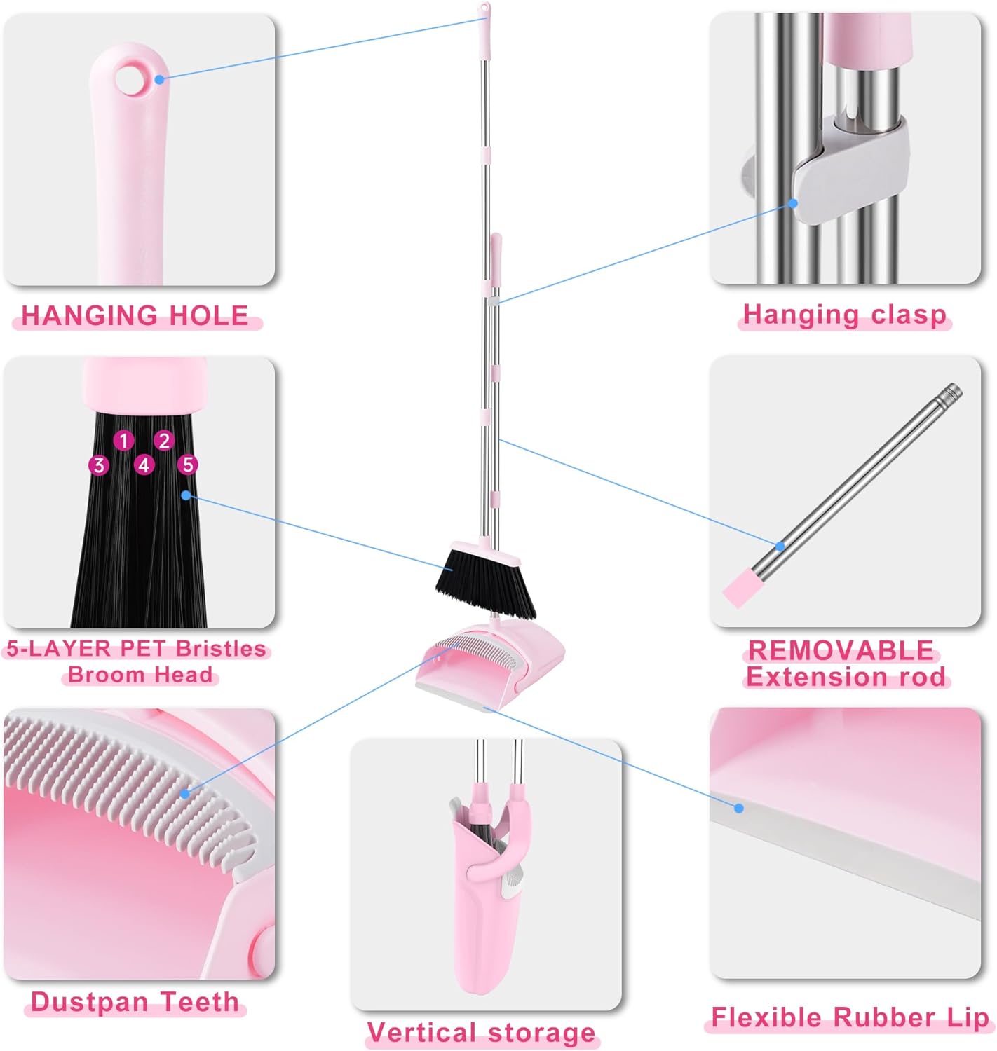 BSKLIN Broom and Dustpan Set for Home, 52" Long Handle Standing Broom Set with Dustpan Self-Cleaning Teeth for Hair Removal Heavy Duty Indoor Outdoor Sweeping Kit for Kitchen Garage (Pink)