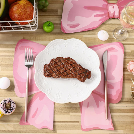 Tinlade 50 Pack Disposable Bow Placemats Coquette Bow Table Mats Slice 13.8 Inches Decorative Paper Placemats for Birthday Bridal Wedding Party Table Setting (Pink)