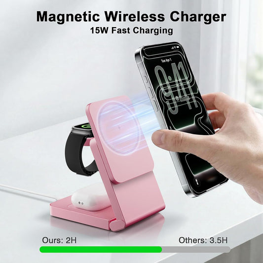 3-in-1 Charging Station for Apple Devices, Foldable Magnetic Wireless Charger Stand, Fast Charger Station for iPhone17/16/15/14/13/12 Pro Max/ AirPods2/3/4 and IWatch Ultra Series(Pink)