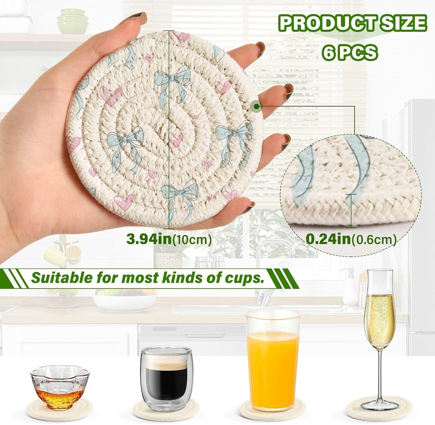 Bar Coasters for Drink with Holder Light Blue Bows Pink Hearts Coaster Set of 6 Cotton Woven Coaster for Coffee Table, Bistro Tabletop,Kitchen Home Decor
