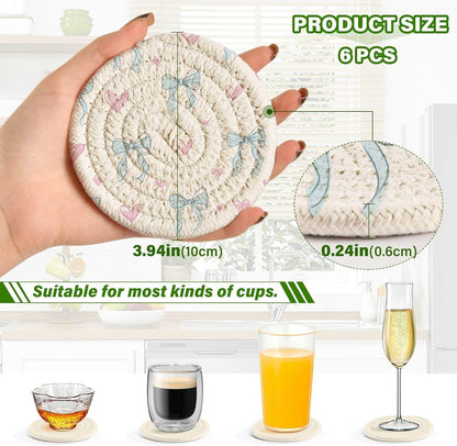 Bar Coasters for Drink with Holder Light Blue Bows Pink Hearts Coaster Set of 6 Cotton Woven Coaster for Coffee Table, Bistro Tabletop,Kitchen Home Decor