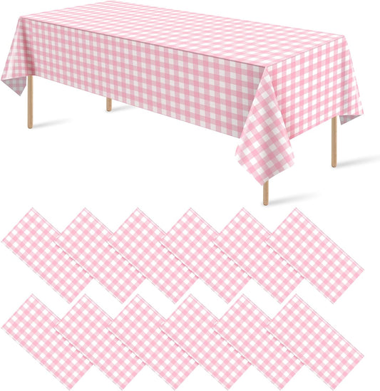 12Pack Pink and White Plastic Checkered Tablecloth, Premium Decorative Disposable Pink Gingham Plaid Table Cloths for Parties, Rectangle Party Table Cover for Picnic Farm Birthday Wedding, 54x108 Inch