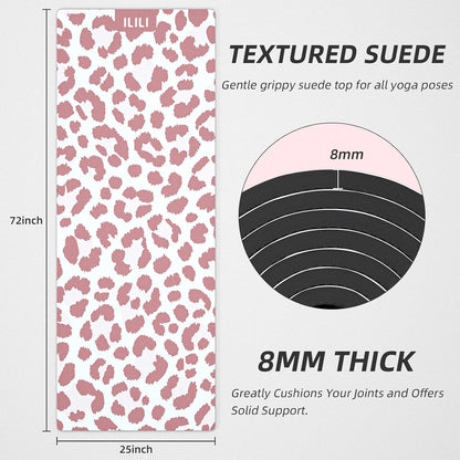 ILILI Yoga Mat Leopard Print Yoga Mat 8mm, Suede & TPE Thick Exercise Mat, Workout Mat for Women Men, 72''x25'' Fitness Mat with Strap for Home Gym, Yoga, Pilates, Stretching