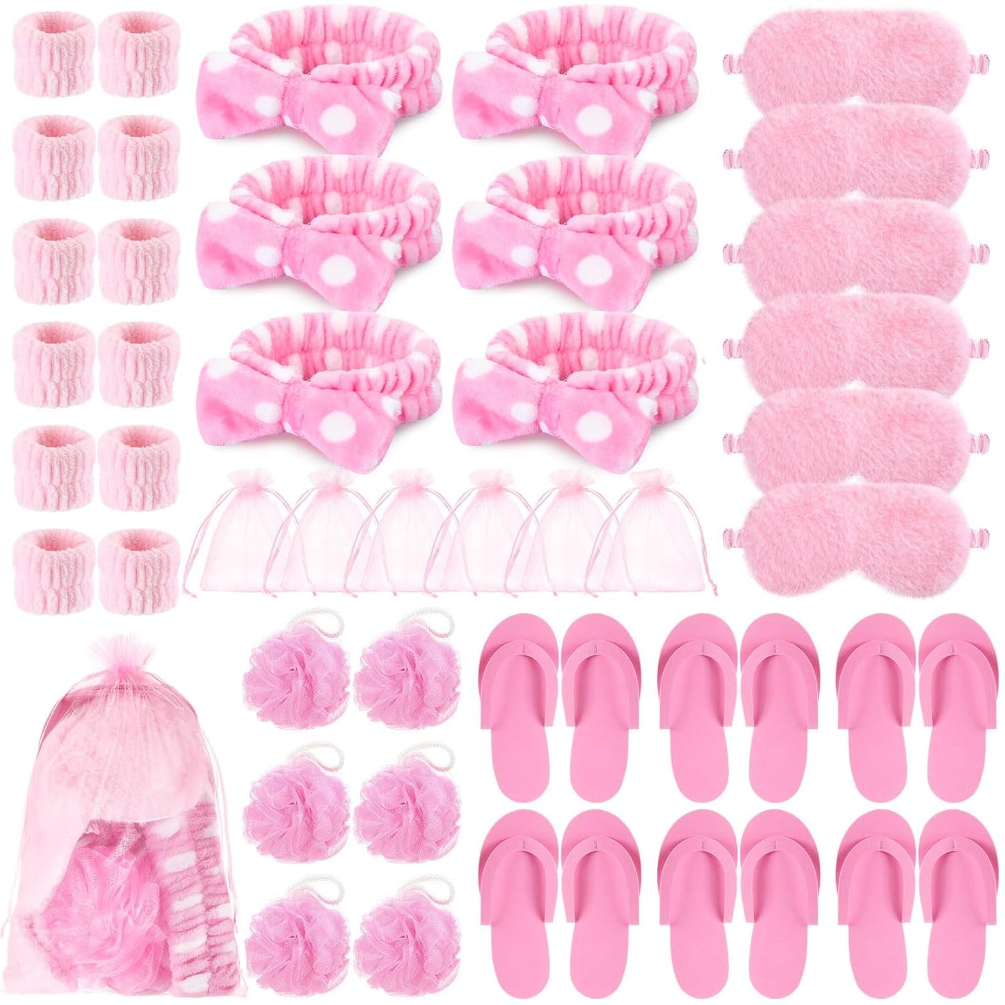 Moucuny 42 Pcs Summer Spa Sleepover Party Supplies Bulk for Women Include 6 Pink Hairbands 6 Eye Masks 12 Wristbands 6 Bath Loofahs 6 Pairs Disposable Slippers 6 Organizer Bags(Bright)