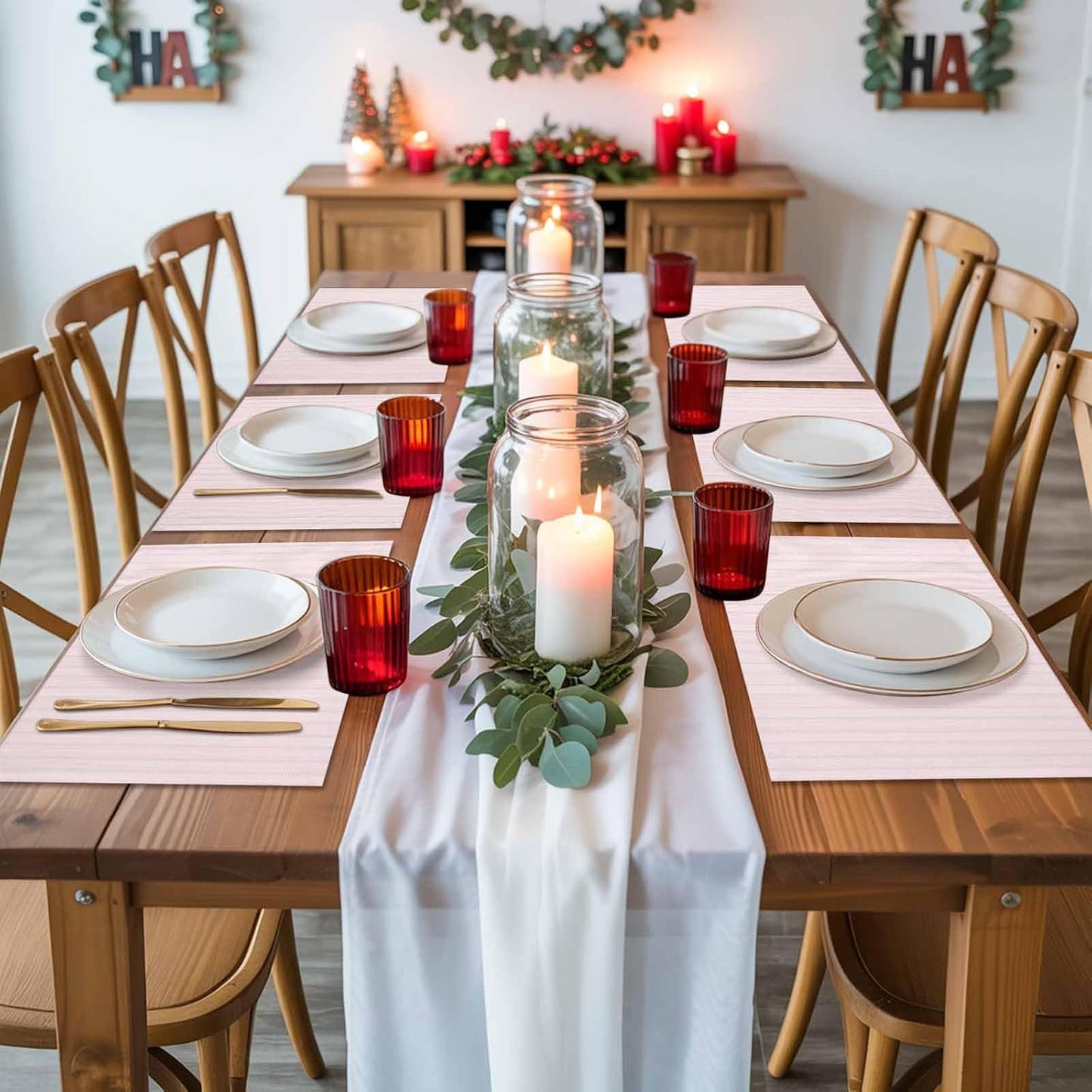 Blush Pink Line Striped Placemats Set of 6, Farmhouse Pink Stripes Placemats for Dining Table, Place Mats for Kitchen Tabletop, Waterproof Wipeable Dining Table Mats Set