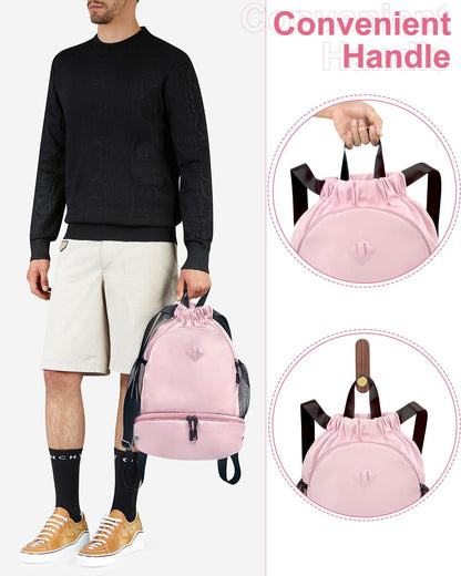 RHDZO Drawstring Backpack Gym Backpack with Shoe Compartment for Men Women String Sports Bag with Wet Pocket Cinch Swim Beach Bag, Large Pink