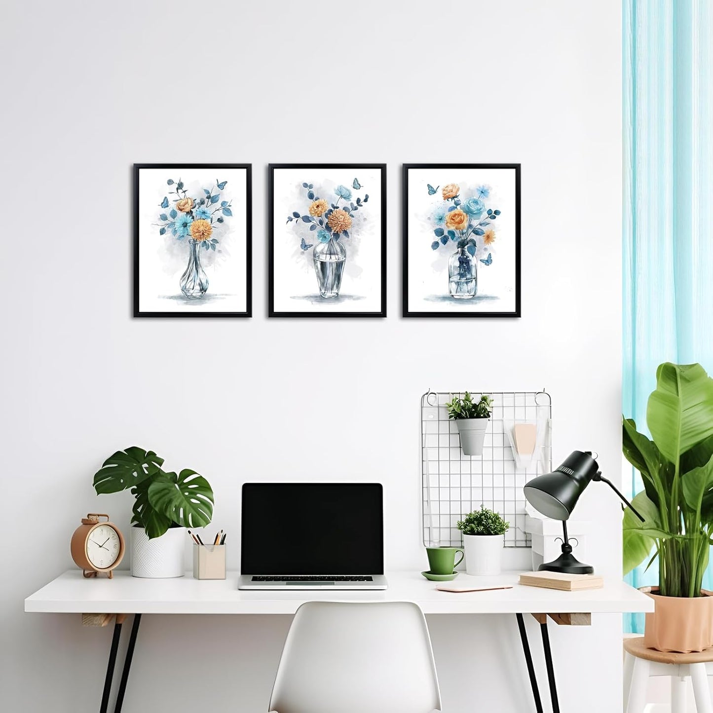 Artsbay Floral Wall Art Blue and Peach Flowers in Vase Prints Framed Paintings for Living Room Bedroom Bathroom 12" W x 16" H x 3PCS