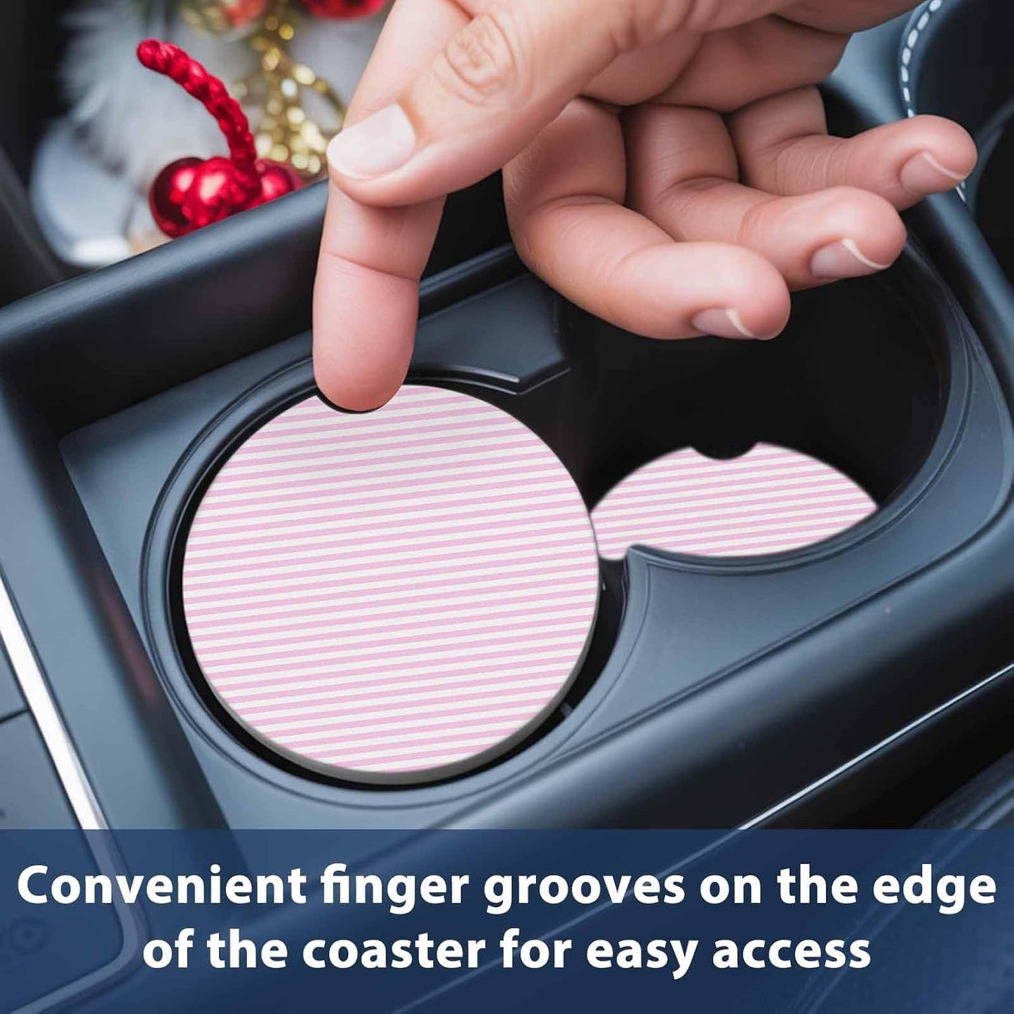 Simple White Striped Car Coaster, Pink Stripes Modern Style Absorbent Ceramic Coasters for Car, 2 Pcs Coasters for Auto Cupholder Accessories Keep Vehicle Clean 2.56inch