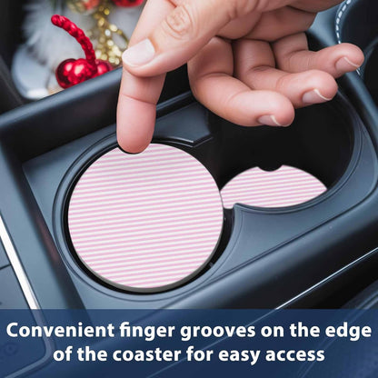 Simple White Striped Car Coaster, Pink Stripes Modern Style Absorbent Ceramic Coasters for Car, 2 Pcs Coasters for Auto Cupholder Accessories Keep Vehicle Clean 2.56inch