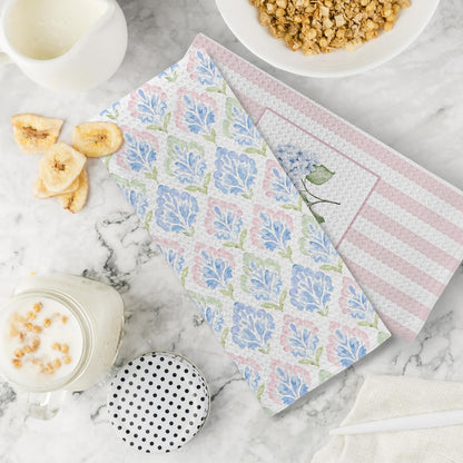 Pink and Blue Grandmillennial Hydrangea Floral Kitchen Dish Towels, Pink Striped Flower Decorative Hand Towels for Bathroom Kitchen, Preppy Floral Bathroom Decor, 16x24 Inch Set of 2