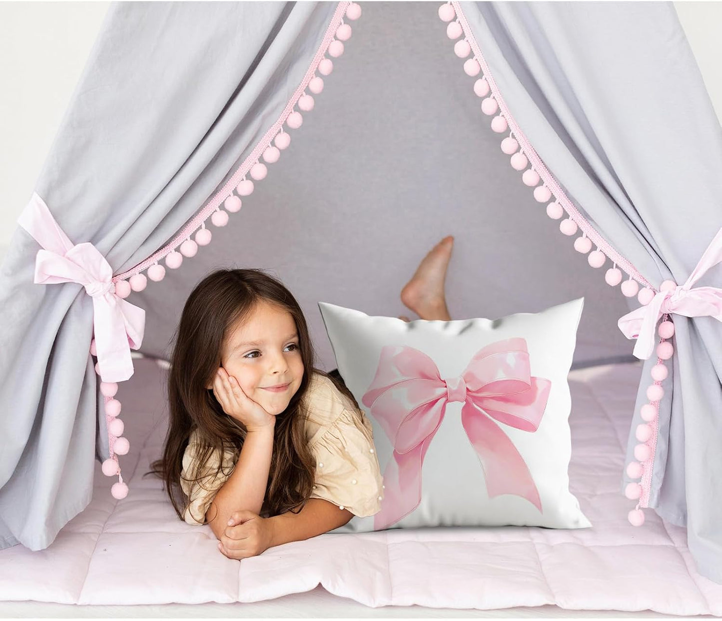 Pink Bow Pillow Covers 18x18, Girly Coquette Aesthetic Bow Throw Pillows Set of 2, Girls Pink Home Decor Polyester Pillowcase for Living Room Bedroom Sofa Couch