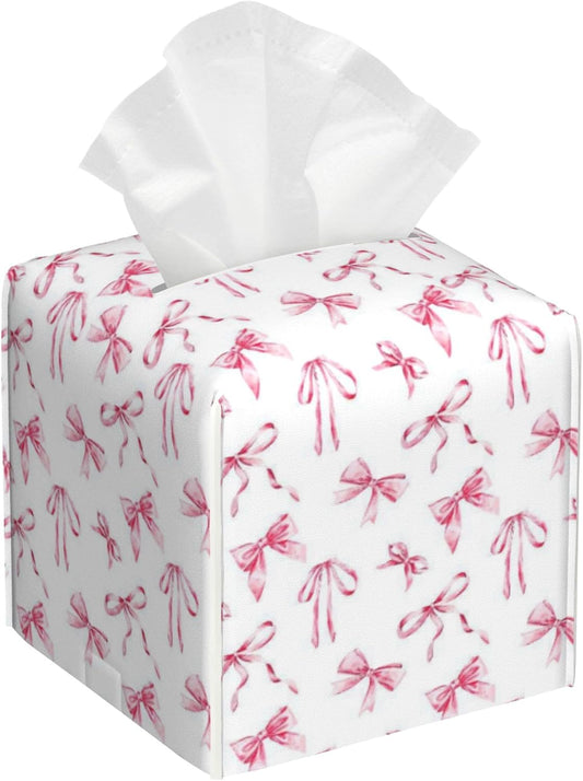 Watercolor Pink Ribbon Bow Tissue Box Cover Square,Leather Tissue Holder with Bottom Belt,Waterproof Leather Facial Paper Organizer Tissue Box Cover for Home Office Bathroom Vanity,5.2" x 5.2" x 5.2"