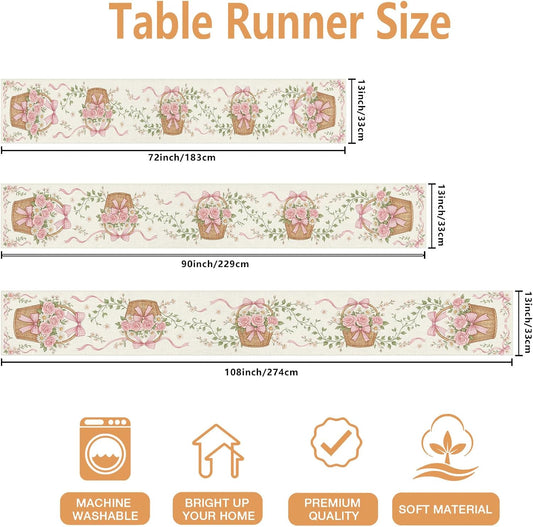Vintage Floral Table Runner, Peach Roses Basket with Ribbons Country Style Home Dining Decor for Spring Family Gatherings 13x72 Inch