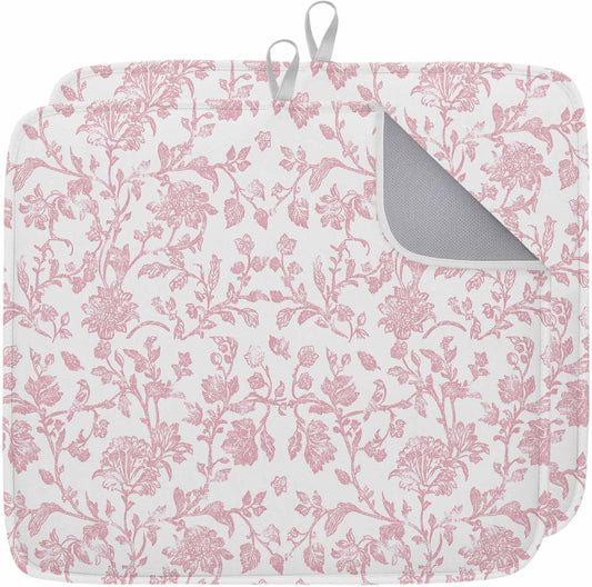 Light Pink Floral Paisley Dish Drying Mat 2 Pack, Boho Leaf Vintage Farmhouse Linen Absorbent Heat Insulating Kitchen Drying Pad Drainer Mats for Sink Counter Dishes 16 X 18 Inch