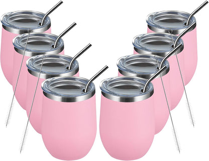 MEWAY 12 OZ/8 Pack Wine Tumbler Glasses with Lid - Stemless Double Wall Vacuum Stainless Steel Travel Tumbler - Keeping Cold & Hot for Wine,Coffee,Cocktails,Drinks-Family and Gifts (Pink,Set of 8)