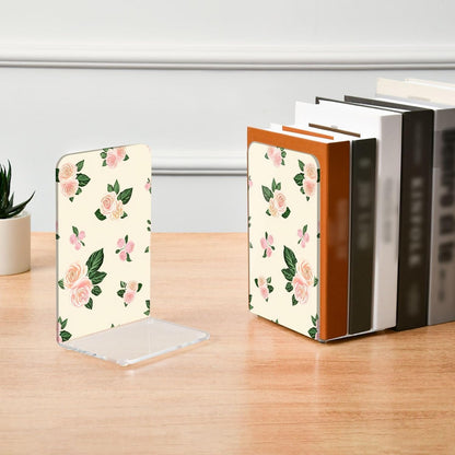 Light Pink Flowers Acrylic Bookends Book Holder for Shelves 5.4 x 4.1 x 8.1 Inch Height Sturdy Bookends Magazine Holder for Home Office Desk Storage 2 Pack