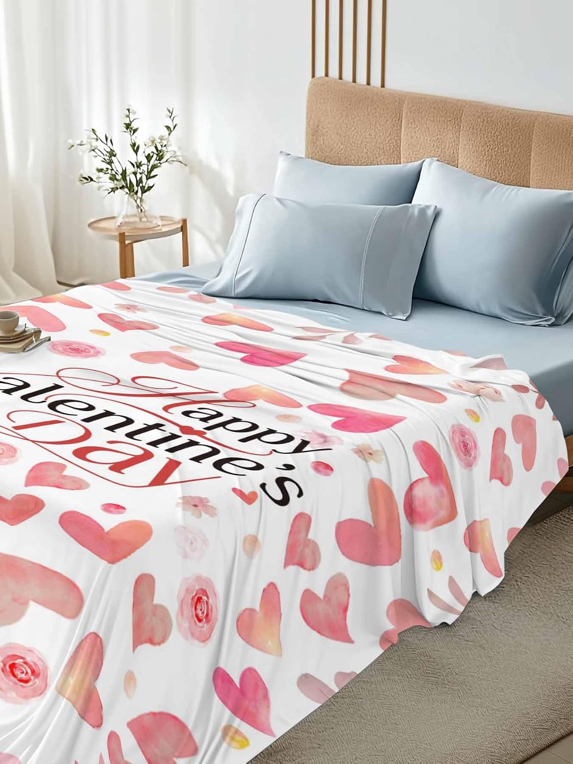 Valentine's Day Full Size Sheets - Hotel Quality Full Flat Sheet Only 1 Pack, Peach Pink Love Floral Modern Romantic Soft Bed Sheet Brushed Microfiber Bedding Top Sheets for Home Dorm