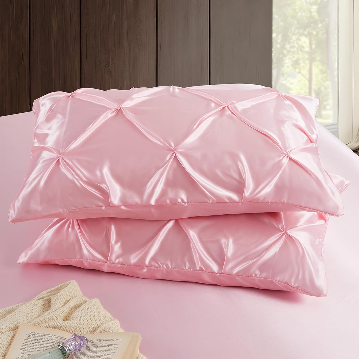 P Pothuiny Pintuck Satin Pillowcase Standard Size Set of 2, Blush Pink Satin Pillow Shams Pinch Pleated Silky Smooth Pillow Covers for Hair, Decorative Pillow Case with Envelope Closure