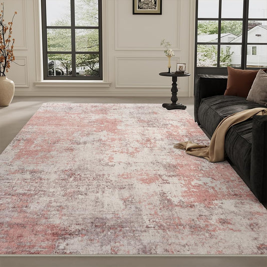 Area Rugs 5x7 Pink/Gray Washable Rug for Living Room, Dining Room, Bedroom, Large Carpets, Non Slip & Non-Shedding Low Pile Vintage Print Rug for Home Office Decor
