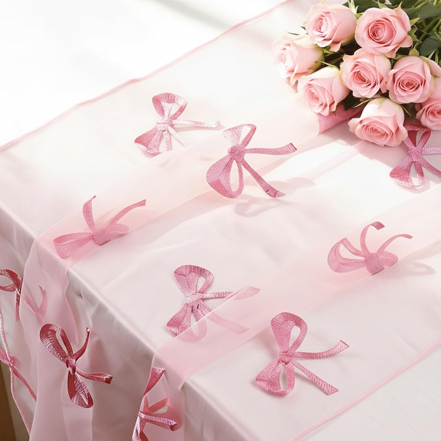 Valentines Day Decor Table Runner Bow Tulle Embroidery Pink 10 ft Coquette Pink Cheesecloth Table Runner 120 Inch Gauze Boho Dining Decor for Valentine‘s Christmas Baby Shower Birthday Wedding Decor