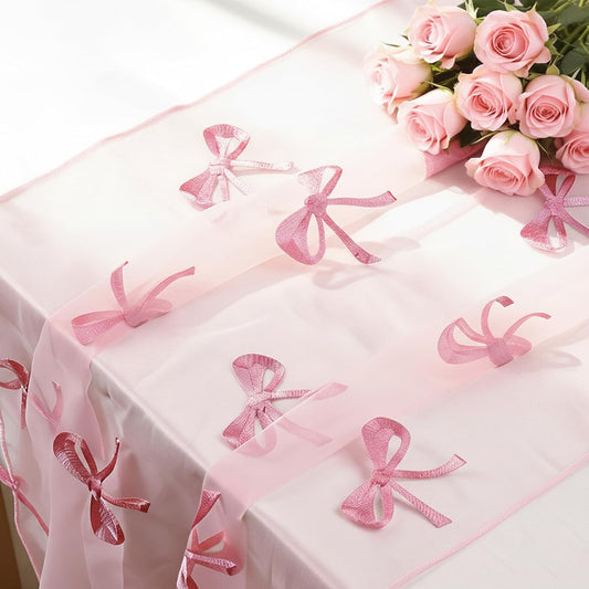Valentines Day Decor Table Runner Bow Tulle Embroidery Pink 10 ft Coquette Pink Cheesecloth Table Runner 120 Inch Gauze Boho Dining Decor for Valentine‘s Christmas Baby Shower Birthday Wedding Decor