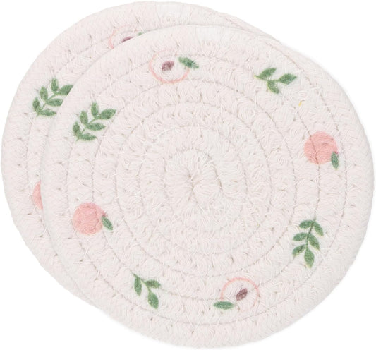 uxcell Round Placemats Set of 2, 4.3 Inch Cotton Rope Braided Place Mats, Heat Resistant Woven Table Placemats, for Home Wedding Holiday Party, Peach Pattern