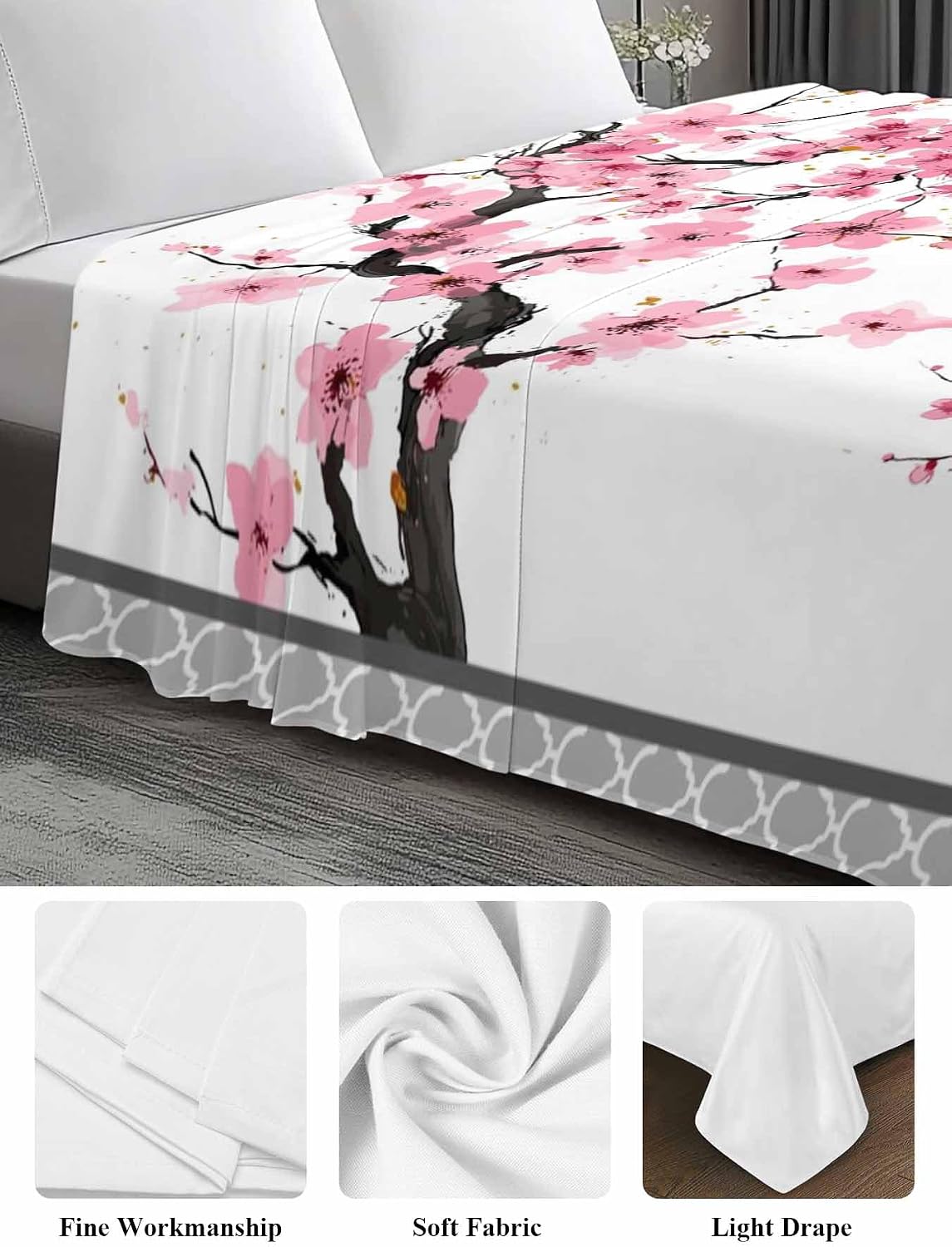 Spring Pink Flowers Full Size Sheets - Hotel Quality Full Flat Sheet Only 1 Pack, Botanical Peach Blossoms Floral Soft Bed Sheet Brushed Microfiber Bedding Top Sheets for Home Dorm