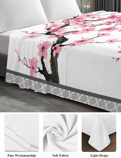 Spring Pink Flowers Full Size Sheets - Hotel Quality Full Flat Sheet Only 1 Pack, Botanical Peach Blossoms Floral Soft Bed Sheet Brushed Microfiber Bedding Top Sheets for Home Dorm