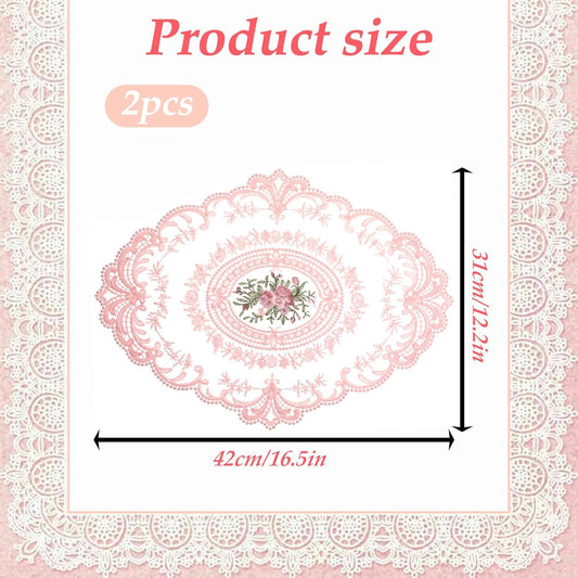 2Pcs Pink Retro Lace Placemats, 12'' x 16'' French Lace Doilies for Tables Oval Embroidered Table Place Mats Farmhouse Coasters Cup Mat for Wedding Home Table Decor (Pink)