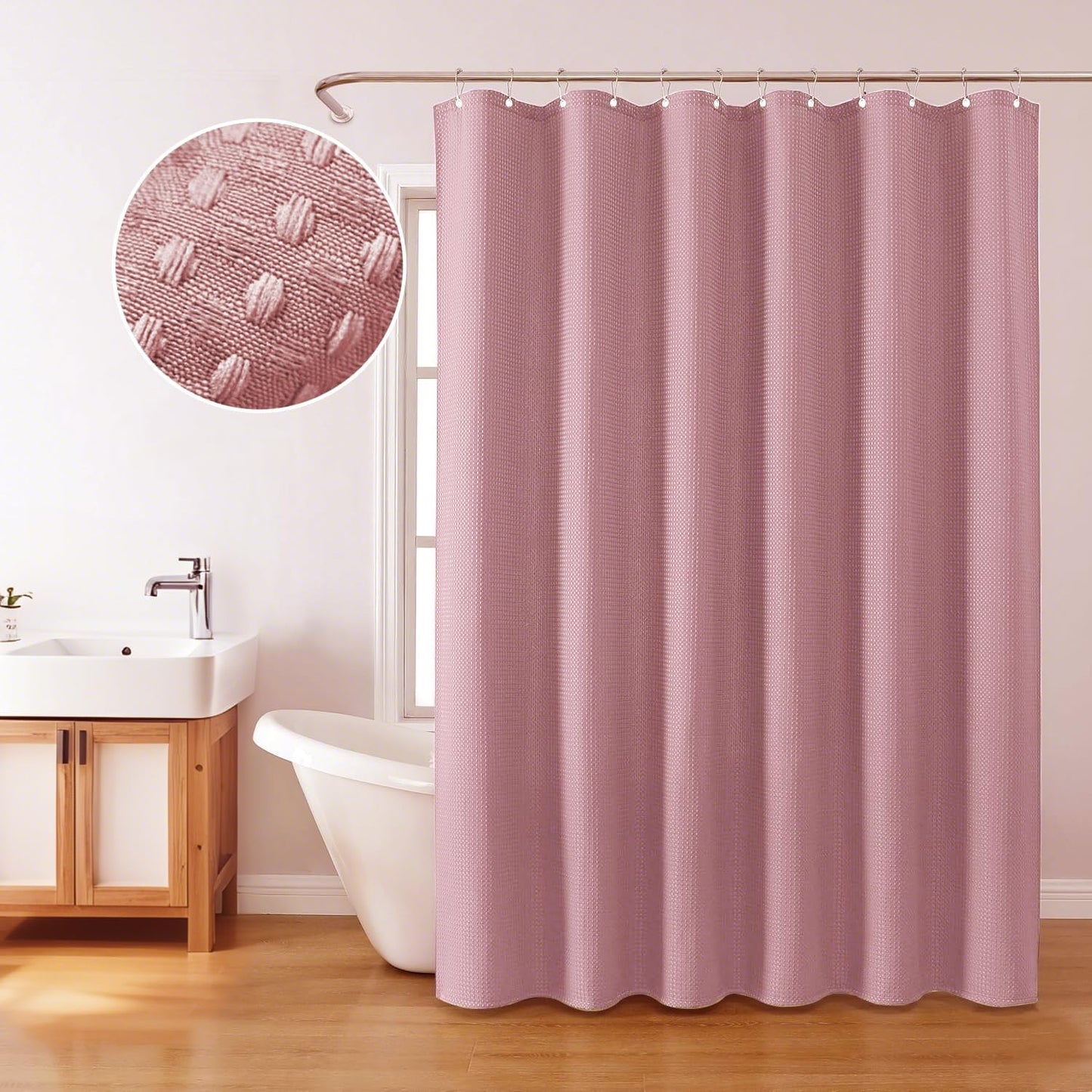 Inhousolu Fabric Shower Curtain, Waffle Weave 230 GSM Polyester, Weighted Hem, Metal Hooks Included, Water Repellent Washable, 72 x 72 Inch, Pink