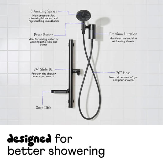 Sproos! - Shower Kit + Filter, Pink - High Pressure, 3 Spray Functions Plus Pause, Extra Long 70 Inch Hose - Easy DIY Installation - High Pressure Performance