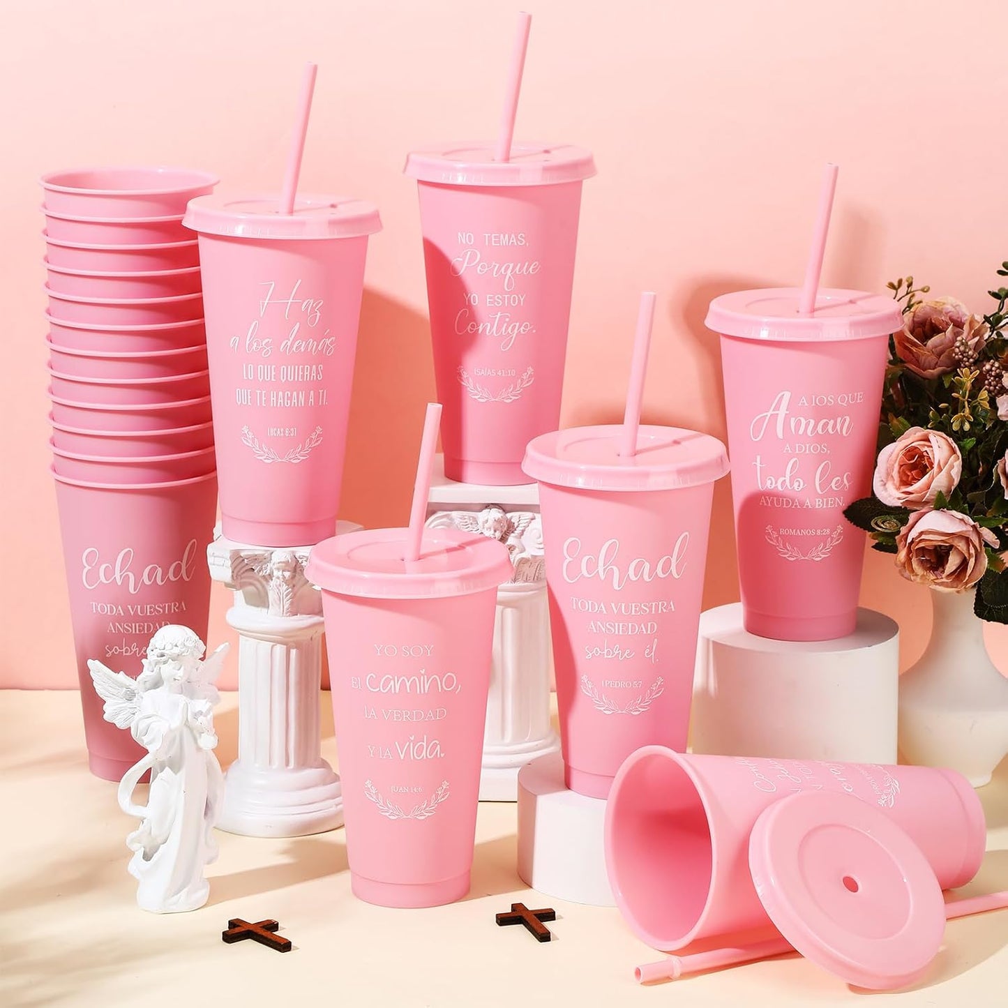 Funnymoom 60 Packs Christian Gift Bulk Inspirational Spanish Bible Verse Cup Gift Father Day 24oz Religious Plastic Tumbler with Lid Straw for Church (Light Pink)
