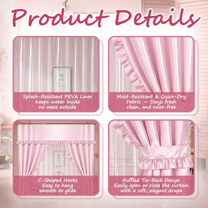 Redbaker 2 Pcs 70 x 72 Inch Double Swag Ruffled Shower Curtains Set with Waterproof Liner Peva Shower Curtain Boho Farmhouse Ruffled Swag Curtain with Rings Valance for Bathroom Home Decor(Pink)