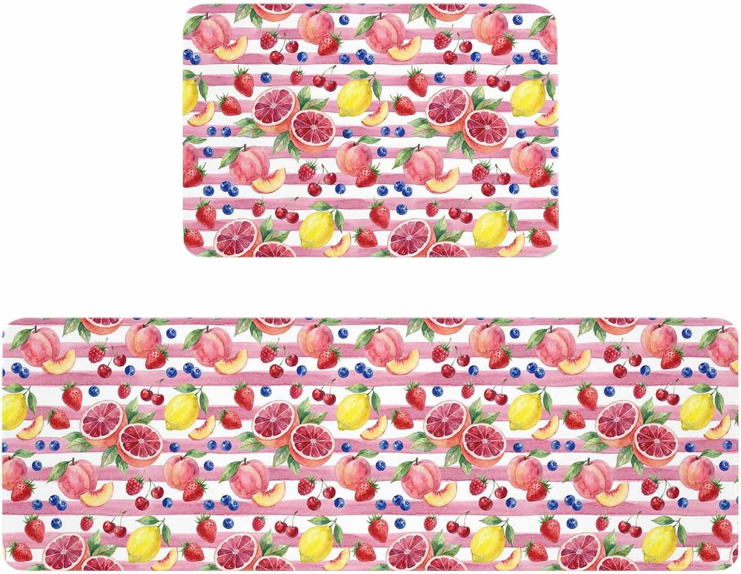 Kitchen Rugs and Mats, Summer Peach Lemon Grapefruit 2 Piece Area Runner Rug Set Comfort Standing Floor Mat, Blueberry Strawberry Pink Stripe Non Slip Absorbent Doormats for Laundry/Bathroom/Bedroom