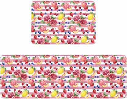 Kitchen Rugs and Mats, Summer Peach Lemon Grapefruit 2 Piece Area Runner Rug Set Comfort Standing Floor Mat, Blueberry Strawberry Pink Stripe Non Slip Absorbent Doormats for Laundry/Bathroom/Bedroom