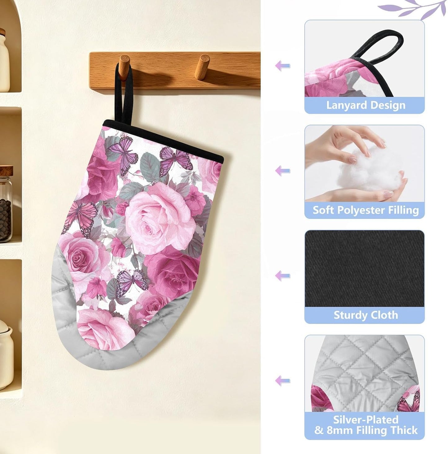Oven Mitt 2 Pack Set Vivid Pink Rose Flowers Kitchen Mitts Gloves for for Cooking Baking Grilling