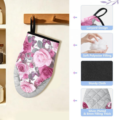 Oven Mitt 2 Pack Set Vivid Pink Rose Flowers Kitchen Mitts Gloves for for Cooking Baking Grilling