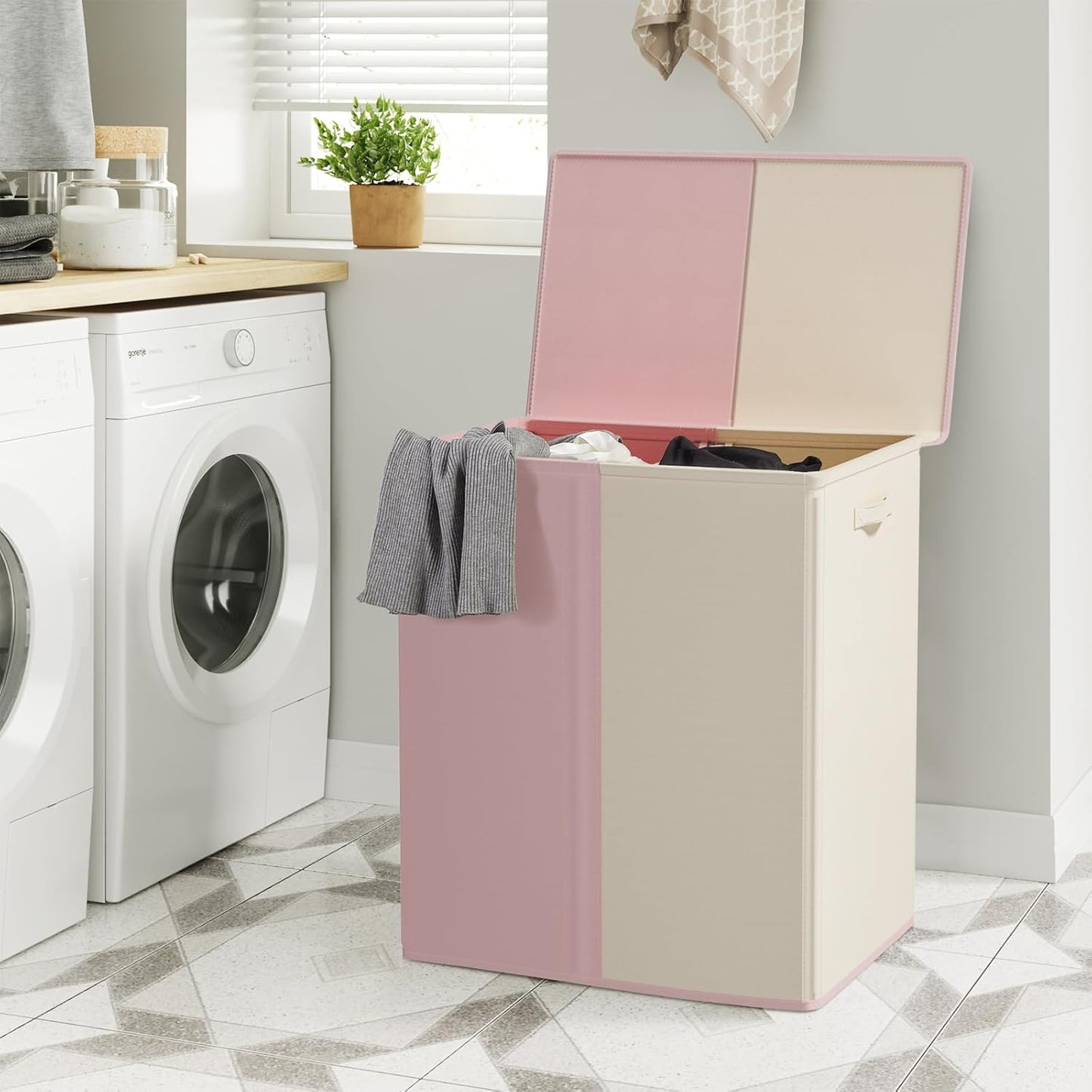 WOWLIVE Double Laundry Baseket with Lid and Removable Laundry Bags,154L Large Laundry Hamper 2 Section Collapsible Dirty Clothes Hamper for Laundry Room,College Dorm,Bathroom,Pink and Beige