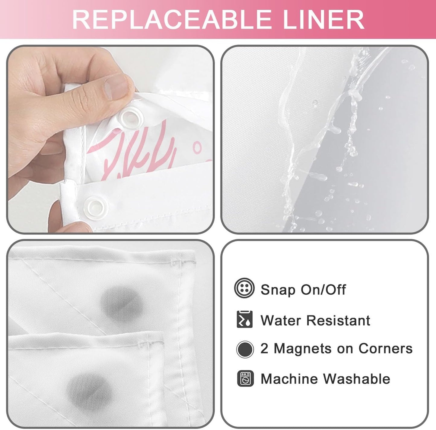 Extra Long No Hook Shower Curtain with Snap in Liner, Beach Ocean Nautical Coastal Shower Curtains and Liner Set for Bathroom, Seashell Fabric Bath Curtain, Waterproof Washable, Pink 71"x84"