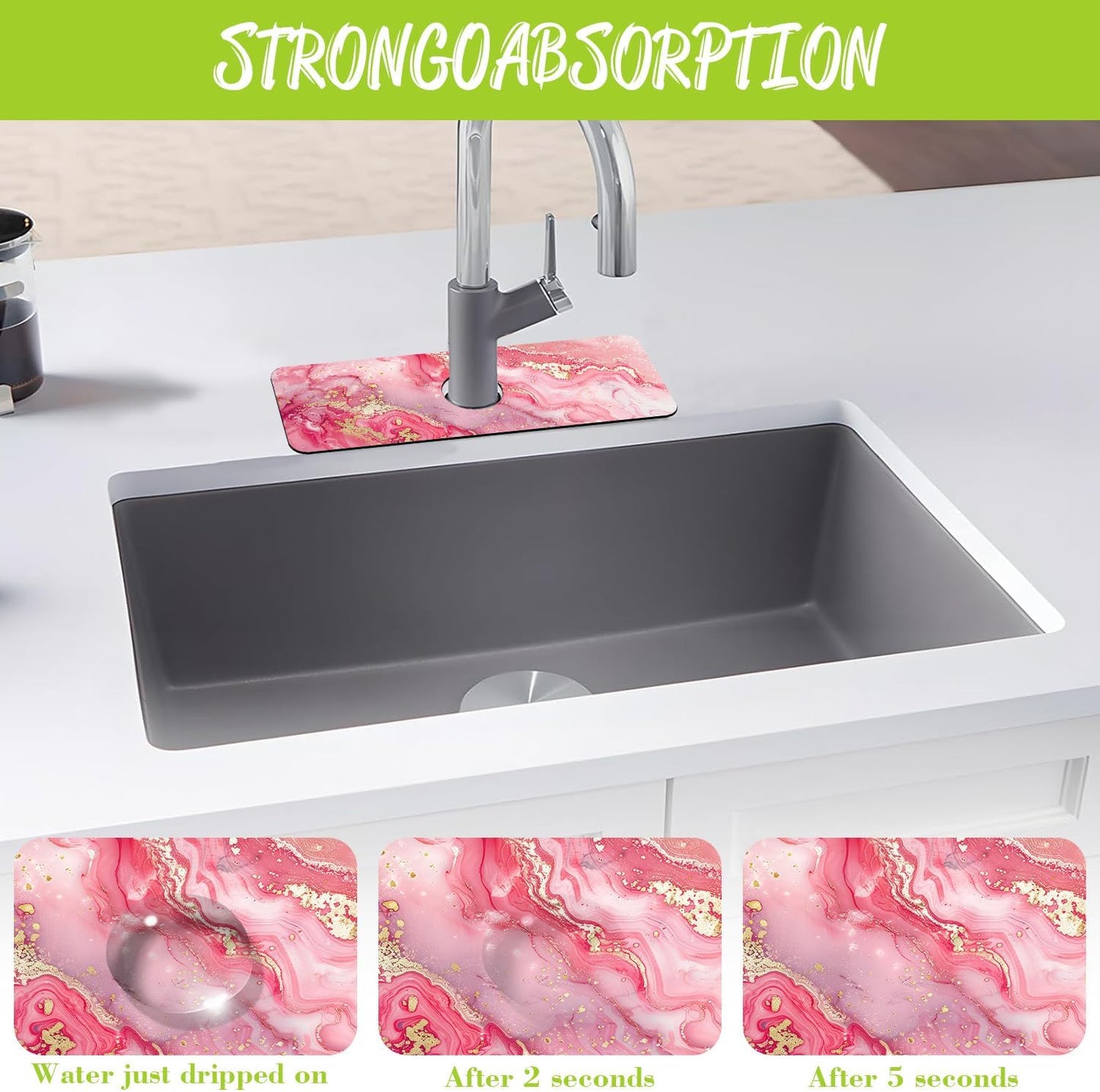 Sink Splash Guard Faucet Mat Pink Gold Marble Absorbent Fast Drying Mat Sink Gadgets Splash Guard Behind Faucet Drip Catcher for Kitchen Bathroom 15.5"X5.5"