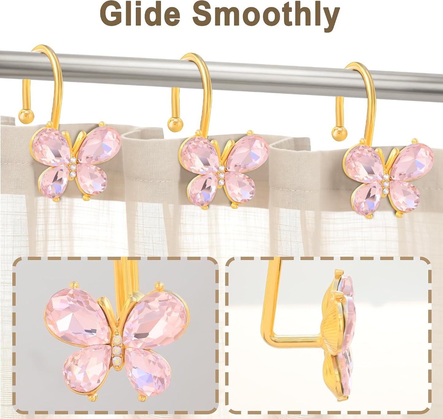 Shower Curtain Hooks,12Pcs Rust Resistant Glitter Crystal Butterfly Metal Decorative Shower Rings Hangers for Bathroom Curtains, Clothing, Towels (Pink)